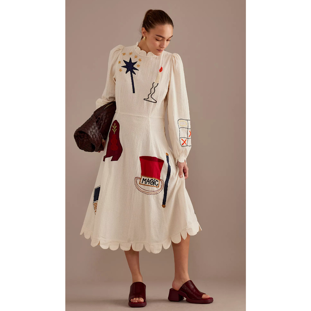 STELLA NOVA IVORY CIRCUS PRINTED APPLIQUE COTTON-SEERSUCKER MIDI DRESS SZ M US 8
